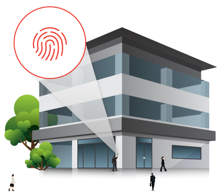 Giant fingerprint and building, representing a business